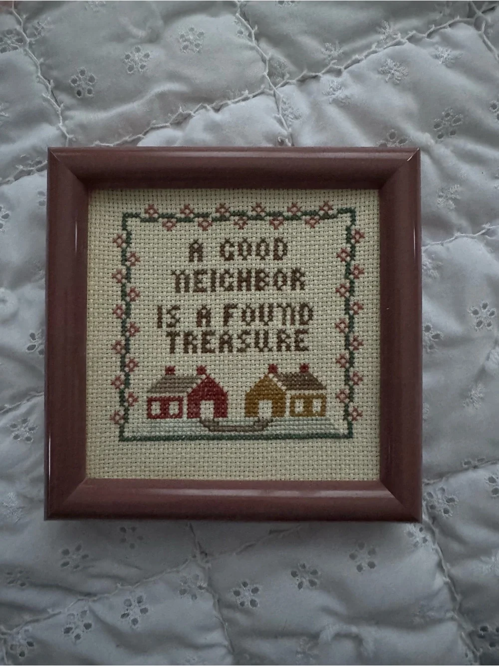Framed Cross-Stitch Wall Art - 'A Good Neighbor' (Brown Frame)